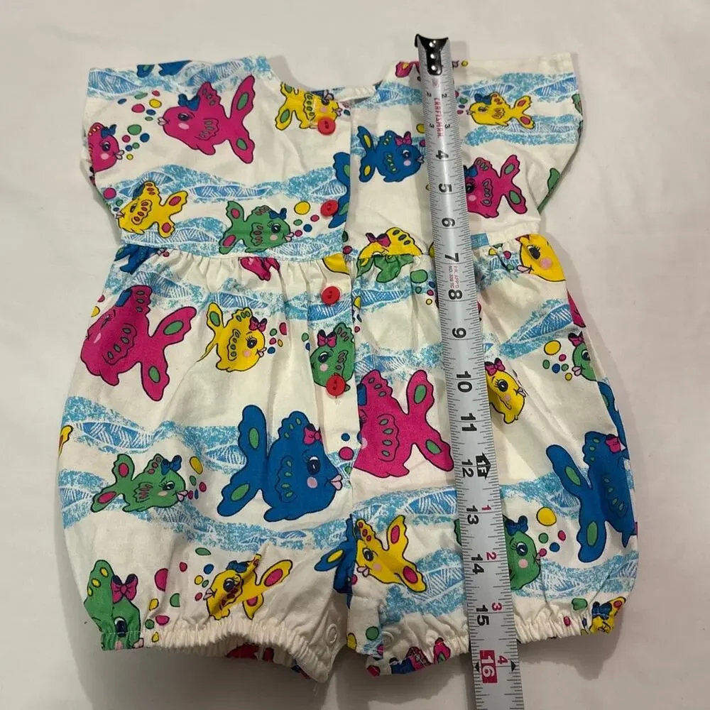 Vintage OshKosh B'gosh Baby 24M Fish Print Bubble Romper Retro Bright Rare